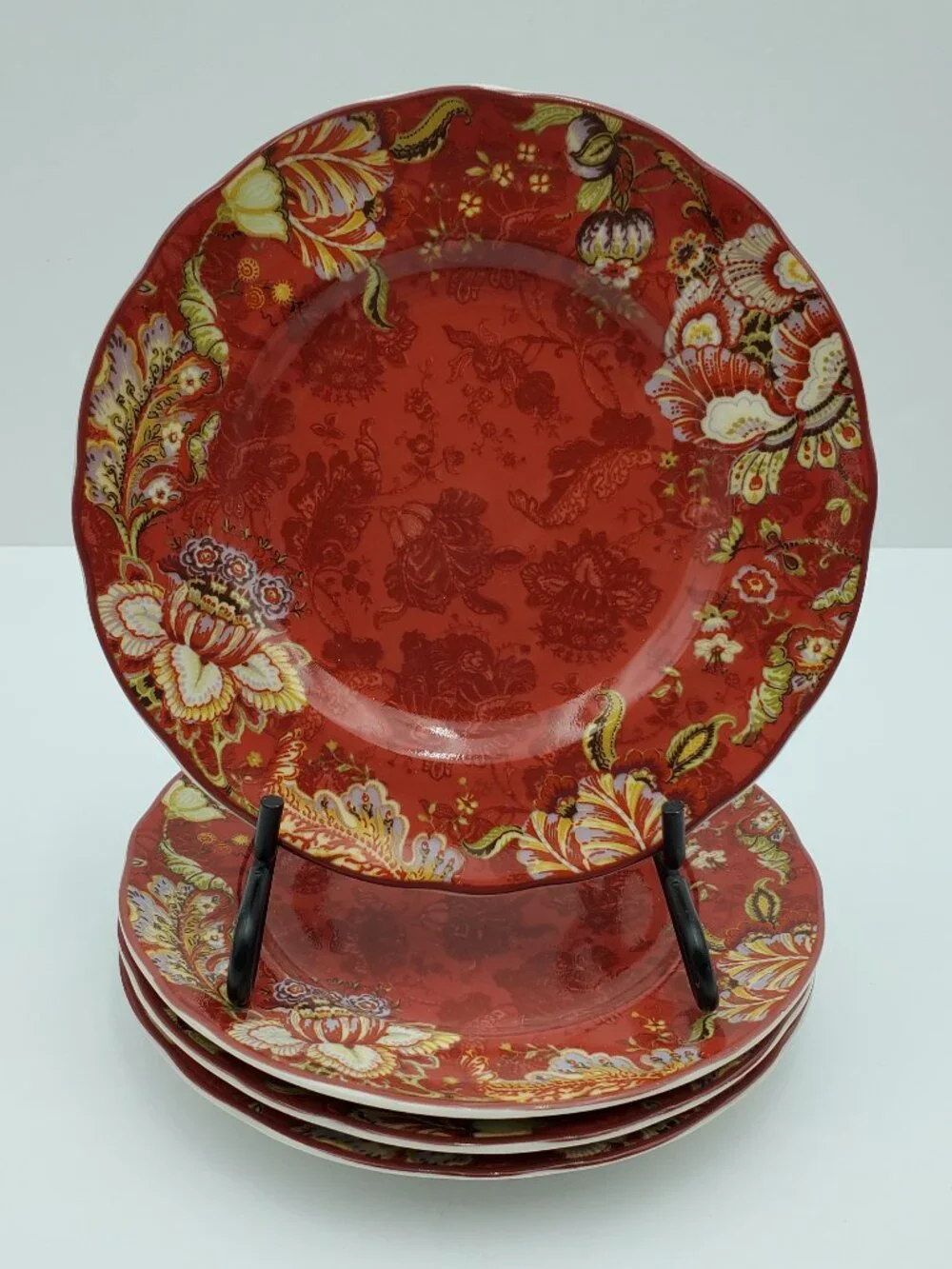 222 Fifth Gabrielle Red Appetizer Plates Dark Red Paisley Floral Dessert Plates